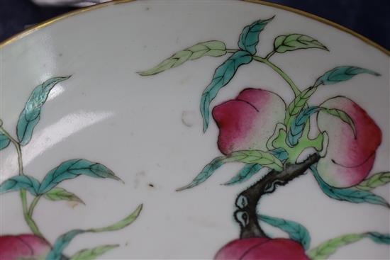 A Chinese famille rose Guangxu nine peach dish with blue glazed six character mark, 6.5in. diameter
